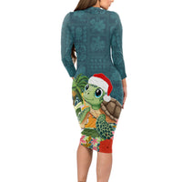 Hawaii Honu Mele Kalikimaka Long Sleeve Bodycon Dress Santa Tropical Flower Aloha Summer Turquoise Version LT03 - Polynesian Pride