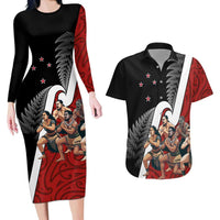 New Zealand Te Matatini Couples Matching Long Sleeve Bodycon Dress and Hawaiian Shirt Kapa Haka and Silver Fern - Maori Art Pattern LT03 Black - Polynesian Pride