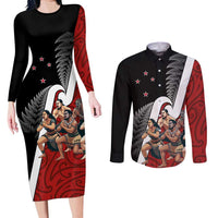 New Zealand Te Matatini Couples Matching Long Sleeve Bodycon Dress and Long Sleeve Button Shirt Kapa Haka and Silver Fern - Maori Art Pattern LT03 Black - Polynesian Pride
