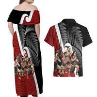 New Zealand Te Matatini Couples Matching Off Shoulder Maxi Dress and Hawaiian Shirt Kapa Haka and Silver Fern - Maori Art Pattern LT03 - Polynesian Pride
