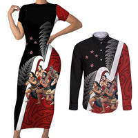 New Zealand Te Matatini Couples Matching Short Sleeve Bodycon Dress and Long Sleeve Button Shirt Kapa Haka and Silver Fern - Maori Art Pattern LT03 Black - Polynesian Pride