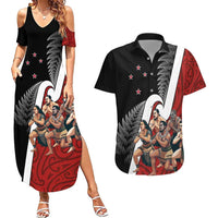 New Zealand Te Matatini Couples Matching Summer Maxi Dress and Hawaiian Shirt Kapa Haka and Silver Fern - Maori Art Pattern LT03 Black - Polynesian Pride