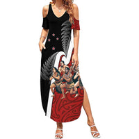 New Zealand Te Matatini Summer Maxi Dress Kapa Haka and Silver Fern - Maori Art Pattern LT03 Women Black - Polynesian Pride