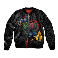 New Zealand Tui Birds Love Couple Bomber Jacket The Heart of Silver Fern Leaves and Maori Tattoo Pattern LT03 Unisex Black - Polynesian Pride
