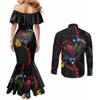 New Zealand Tui Birds Love Couple Couples Matching Mermaid Dress and Long Sleeve Button Shirt The Heart of Silver Fern Leaves and Maori Tattoo Pattern LT03 - Polynesian Pride