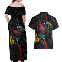 New Zealand Tui Birds Love Couple Couples Matching Off Shoulder Maxi Dress and Hawaiian Shirt The Heart of Silver Fern Leaves and Maori Tattoo Pattern LT03 - Polynesian Pride