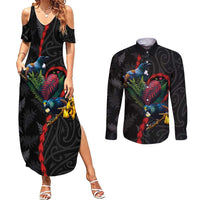 New Zealand Tui Birds Love Couple Couples Matching Summer Maxi Dress and Long Sleeve Button Shirt The Heart of Silver Fern Leaves and Maori Tattoo Pattern LT03 Black - Polynesian Pride