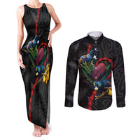 New Zealand Tui Birds Love Couple Couples Matching Tank Maxi Dress and Long Sleeve Button Shirt The Heart of Silver Fern Leaves and Maori Tattoo Pattern LT03 Black - Polynesian Pride