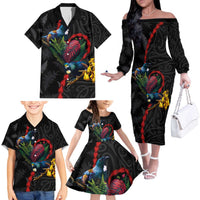New Zealand Tui Birds Love Couple Family Matching Off The Shoulder Long Sleeve Dress and Hawaiian Shirt The Heart of Silver Fern Leaves and Maori Tattoo Pattern LT03 - Polynesian Pride