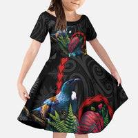 New Zealand Tui Birds Love Couple Family Matching Off Shoulder Maxi Dress and Hawaiian Shirt The Heart of Silver Fern Leaves and Maori Tattoo Pattern LT03 Daughter's Dress Black - Polynesian Pride