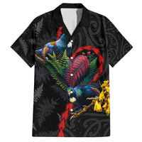 New Zealand Tui Birds Love Couple Family Matching Off Shoulder Maxi Dress and Hawaiian Shirt The Heart of Silver Fern Leaves and Maori Tattoo Pattern LT03 Dad's Shirt - Short Sleeve Black - Polynesian Pride