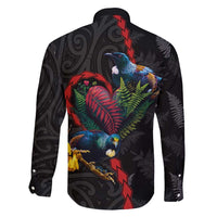 New Zealand Tui Birds Love Couple Family Matching Off Shoulder Maxi Dress and Hawaiian Shirt The Heart of Silver Fern Leaves and Maori Tattoo Pattern LT03 - Polynesian Pride
