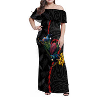 New Zealand Tui Birds Love Couple Family Matching Off Shoulder Maxi Dress and Hawaiian Shirt The Heart of Silver Fern Leaves and Maori Tattoo Pattern LT03 Mom's Dress Black - Polynesian Pride