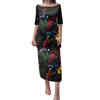New Zealand Tui Birds Love Couple Family Matching Puletasi and Hawaiian Shirt The Heart of Silver Fern Leaves and Maori Tattoo Pattern LT03 Mom's Dress Black - Polynesian Pride