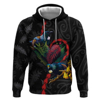 New Zealand Tui Birds Love Couple Hoodie The Heart of Silver Fern Leaves and Maori Tattoo Pattern LT03 Pullover Hoodie Black - Polynesian Pride