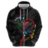 New Zealand Tui Birds Love Couple Hoodie The Heart of Silver Fern Leaves and Maori Tattoo Pattern LT03 - Polynesian Pride