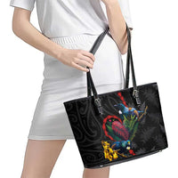 New Zealand Tui Birds Love Couple Leather Tote Bag The Heart of Silver Fern Leaves and Maori Tattoo Pattern LT03 - Polynesian Pride