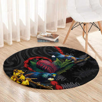 New Zealand Tui Birds Love Couple Round Carpet The Heart of Silver Fern Leaves and Maori Tattoo Pattern LT03 - Polynesian Pride