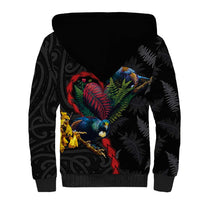 New Zealand Tui Birds Love Couple Sherpa Hoodie The Heart of Silver Fern Leaves and Maori Tattoo Pattern LT03 - Polynesian Pride