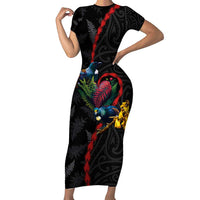 New Zealand Tui Birds Love Couple Short Sleeve Bodycon Dress The Heart of Silver Fern Leaves and Maori Tattoo Pattern LT03 Long Dress Black - Polynesian Pride