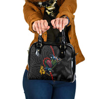 New Zealand Tui Birds Love Couple Shoulder Handbag The Heart of Silver Fern Leaves and Maori Tattoo Pattern LT03 One Size Black - Polynesian Pride
