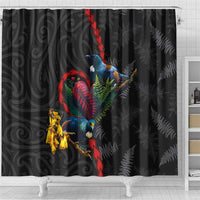 New Zealand Tui Birds Love Couple Shower Curtain The Heart of Silver Fern Leaves and Maori Tattoo Pattern LT03 - Polynesian Pride