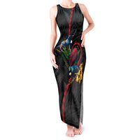 New Zealand Tui Birds Love Couple Tank Maxi Dress The Heart of Silver Fern Leaves and Maori Tattoo Pattern LT03 Women Black - Polynesian Pride