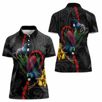 New Zealand Tui Birds Love Couple Women Polo Shirt The Heart of Silver Fern Leaves and Maori Tattoo Pattern LT03 - Polynesian Pride