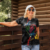New Zealand Tui Birds Love Couple Women Polo Shirt The Heart of Silver Fern Leaves and Maori Tattoo Pattern LT03 - Polynesian Pride