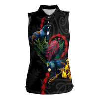 New Zealand Tui Birds Love Couple Women Sleeveless Polo Shirt The Heart of Silver Fern Leaves and Maori Tattoo Pattern LT03 Female Black - Polynesian Pride