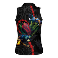 New Zealand Tui Birds Love Couple Women Sleeveless Polo Shirt The Heart of Silver Fern Leaves and Maori Tattoo Pattern LT03 - Polynesian Pride
