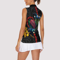 New Zealand Tui Birds Love Couple Women Sleeveless Polo Shirt The Heart of Silver Fern Leaves and Maori Tattoo Pattern LT03 - Polynesian Pride