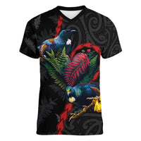 New Zealand Tui Birds Love Couple Women V-Neck T-Shirt The Heart of Silver Fern Leaves and Maori Tattoo Pattern LT03 Female Black - Polynesian Pride