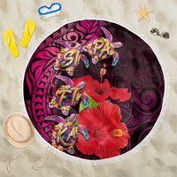 Pasifika Festival Beach Blanket Plumeria Turtles with Hibiscus - Polynesian Art Tattoo Pink Color LT03 One Size 150cm Pink - Polynesian Pride