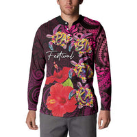 Pasifika Festival Button Sweatshirt Plumeria Turtles with Hibiscus - Polynesian Art Tattoo Pink Color LT03 - Polynesian Pride