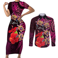 Pasifika Festival Couples Matching Short Sleeve Bodycon Dress and Long Sleeve Button Shirt Plumeria Turtles with Hibiscus - Polynesian Art Tattoo Pink Color LT03 Pink - Polynesian Pride