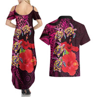 Pasifika Festival Couples Matching Summer Maxi Dress and Hawaiian Shirt Plumeria Turtles with Hibiscus - Polynesian Art Tattoo Pink Color LT03 - Polynesian Pride