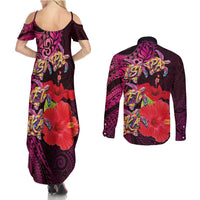 Pasifika Festival Couples Matching Summer Maxi Dress and Long Sleeve Button Shirt Plumeria Turtles with Hibiscus - Polynesian Art Tattoo Pink Color LT03 - Polynesian Pride