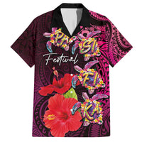 Pasifika Festival Family Matching Long Sleeve Bodycon Dress and Hawaiian Shirt Plumeria Turtles with Hibiscus - Polynesian Art Tattoo Pink Color LT03 Dad's Shirt - Short Sleeve Pink - Polynesian Pride