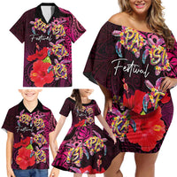 Pasifika Festival Family Matching Off Shoulder Short Dress and Hawaiian Shirt Plumeria Turtles with Hibiscus - Polynesian Art Tattoo Pink Color LT03 - Polynesian Pride