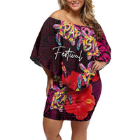 Pasifika Festival Family Matching Off Shoulder Short Dress and Hawaiian Shirt Plumeria Turtles with Hibiscus - Polynesian Art Tattoo Pink Color LT03 Mom's Dress Pink - Polynesian Pride