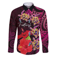 Pasifika Festival Family Matching Short Sleeve Bodycon Dress and Hawaiian Shirt Plumeria Turtles with Hibiscus - Polynesian Art Tattoo Pink Color LT03 Dad's Shirt - Long Sleeve Pink - Polynesian Pride