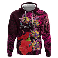 Pasifika Festival Hoodie Plumeria Turtles with Hibiscus - Polynesian Art Tattoo Pink Color LT03 Pullover Hoodie Pink - Polynesian Pride
