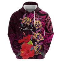 Pasifika Festival Hoodie Plumeria Turtles with Hibiscus - Polynesian Art Tattoo Pink Color LT03 - Polynesian Pride