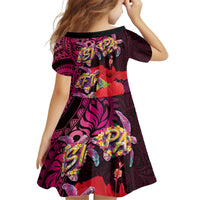 Pasifika Festival Kid Short Sleeve Dress Plumeria Turtles with Hibiscus - Polynesian Art Tattoo Pink Color LT03 - Polynesian Pride