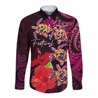 Pasifika Festival Long Sleeve Button Shirt Plumeria Turtles with Hibiscus - Polynesian Art Tattoo Pink Color LT03 Unisex Pink - Polynesian Pride