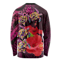 Pasifika Festival Long Sleeve Shirt Plumeria Turtles with Hibiscus - Polynesian Art Tattoo Pink Color LT03 - Polynesian Pride