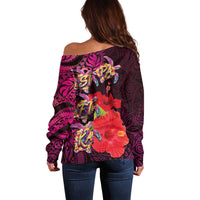 Pasifika Festival Off Shoulder Sweater Plumeria Turtles with Hibiscus - Polynesian Art Tattoo Pink Color LT03 - Polynesian Pride