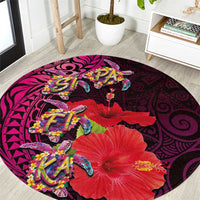 Pasifika Festival Round Carpet Plumeria Turtles with Hibiscus - Polynesian Art Tattoo Pink Color LT03 Pink - Polynesian Pride