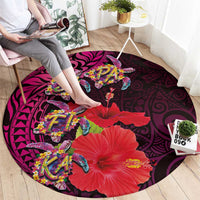 Pasifika Festival Round Carpet Plumeria Turtles with Hibiscus - Polynesian Art Tattoo Pink Color LT03 - Polynesian Pride